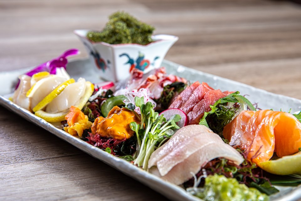 Japanese dishes on a simple restaurant table.